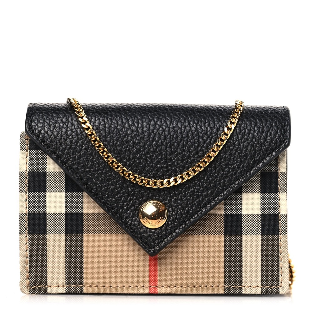 Burberry Jade Snap Card Holder Nova Check Black Leather $490 Wallet on Chain